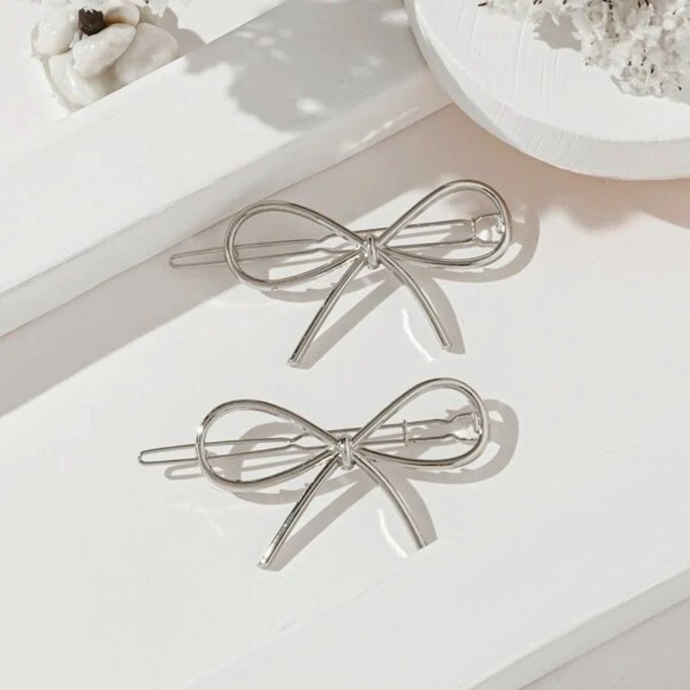 NEW Silver Bow Shaped Metal Hair Clips Bobby Pins Barrettes Set of 2